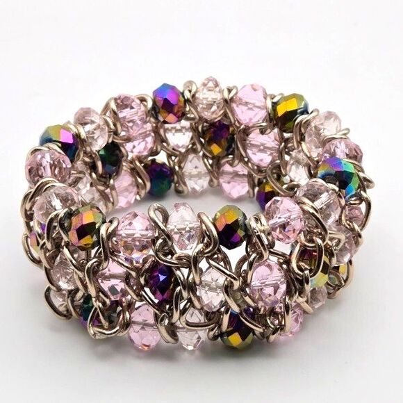 Dana Buchman Goldtone and Pink Glass Beaded Stretch Bracelet AB Accent Beads - Picture 3 of 5
